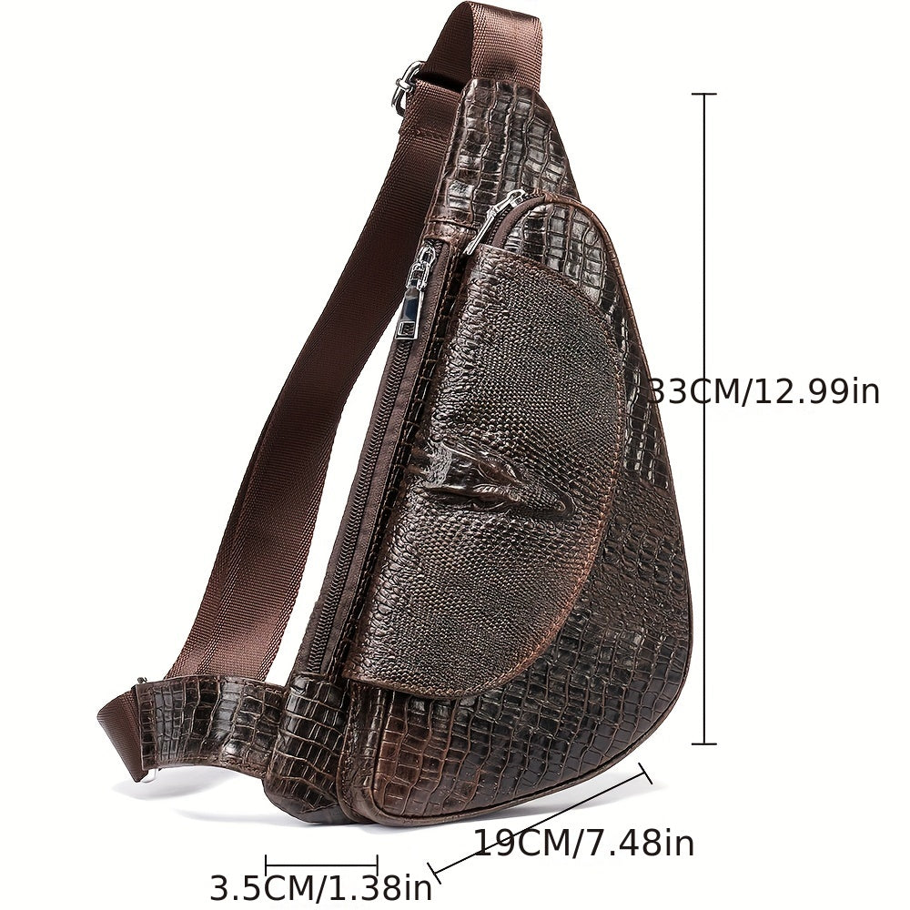 Genuine Leather Chest Bag, Crocodile Pattern Crossbody Shoulder Bag