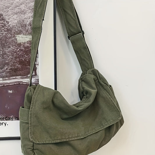Men's Simple Canvas Messenger Bag, Large Capacity Flap Shoulder Bag